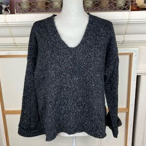 Anthropologie Oversized V neck wool blend black flecked sweater w/ bell sleeves